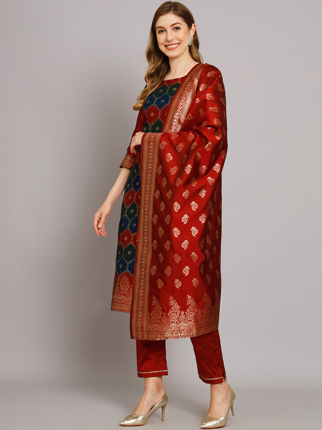 Women Kurta and Trousers Pant Set Heavy Zari Work Silk Blend